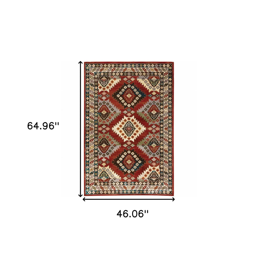 2' X 8' Red Deep Teal Ivory Grey And Green Southwestern Power Loom Stain Resistant Runner Rug