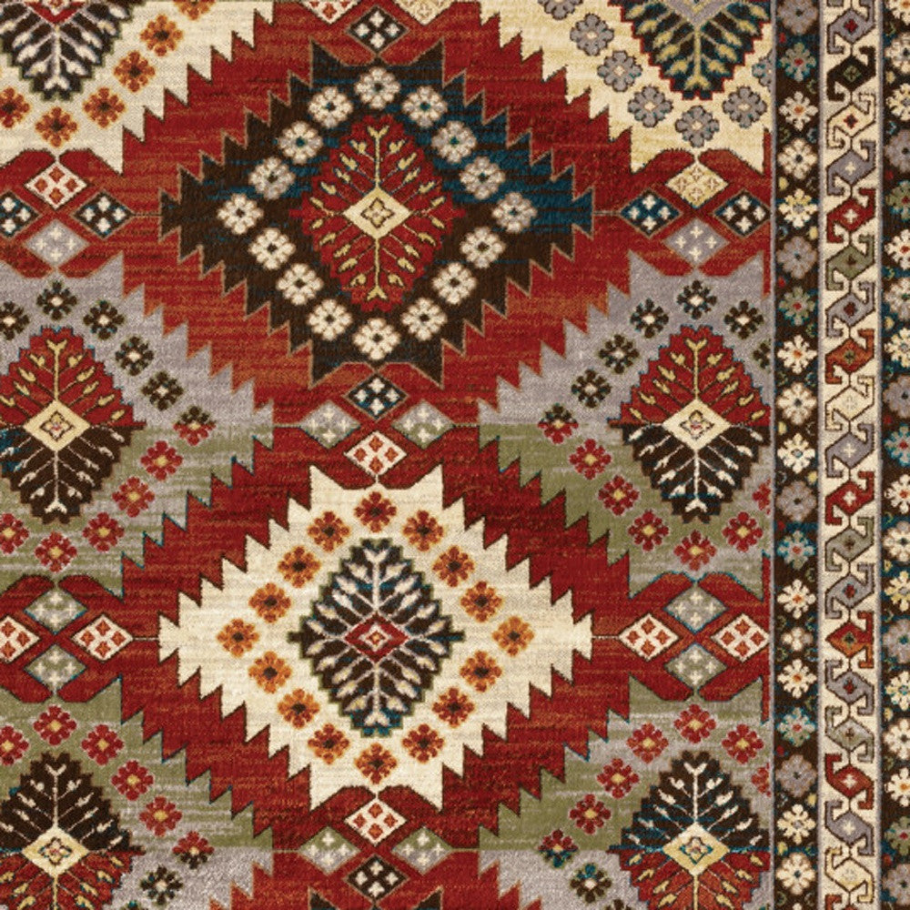 2' X 8' Red Deep Teal Ivory Grey And Green Southwestern Power Loom Stain Resistant Runner Rug