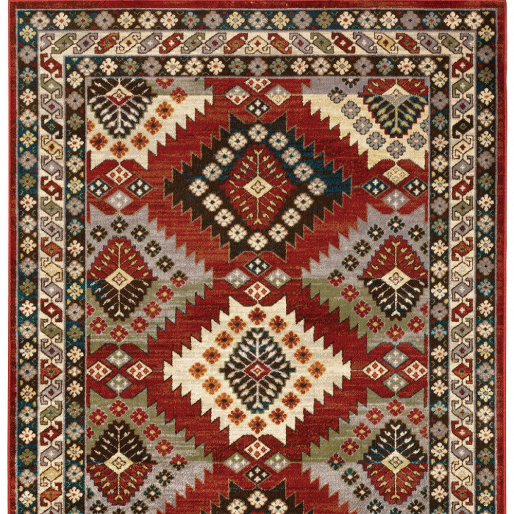 2' X 8' Red Deep Teal Ivory Grey And Green Southwestern Power Loom Stain Resistant Runner Rug