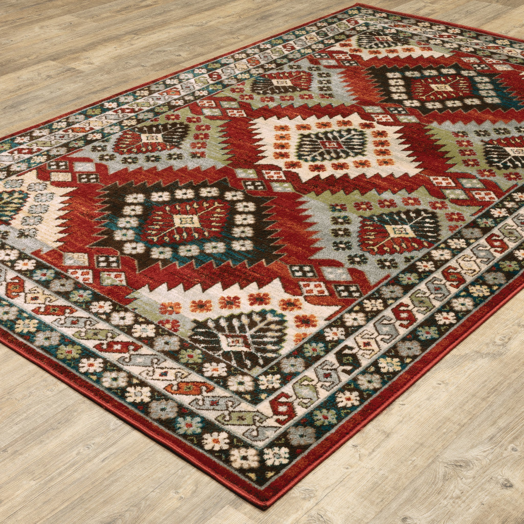 2' X 8' Red Deep Teal Ivory Grey And Green Southwestern Power Loom Stain Resistant Runner Rug