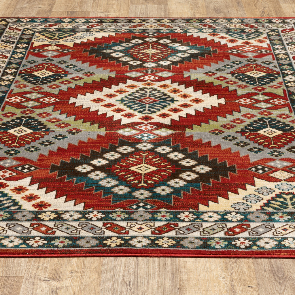 2' X 8' Red Deep Teal Ivory Grey And Green Southwestern Power Loom Stain Resistant Runner Rug