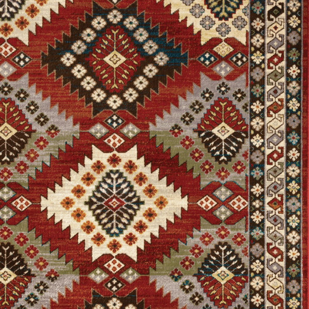 2' X 8' Red Deep Teal Ivory Grey And Green Southwestern Power Loom Stain Resistant Runner Rug