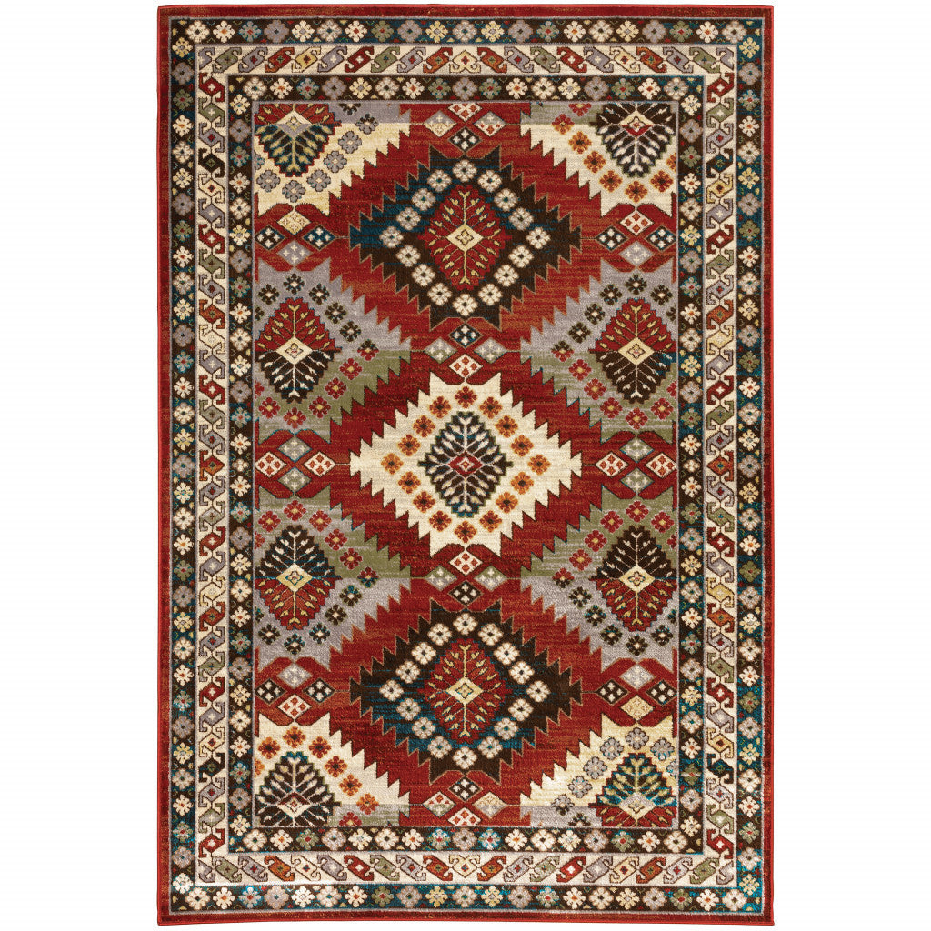 2' X 8' Red Deep Teal Ivory Grey And Green Southwestern Power Loom Stain Resistant Runner Rug