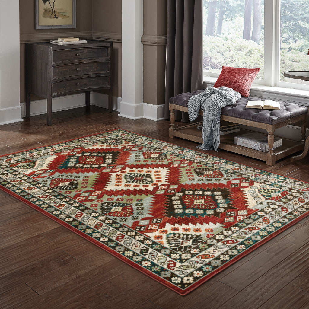 2' X 8' Red Deep Teal Ivory Grey And Green Southwestern Power Loom Stain Resistant Runner Rug