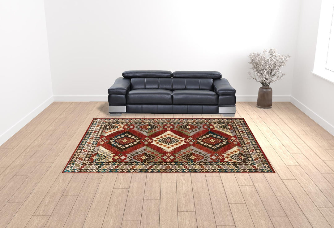 2' X 8' Red Deep Teal Ivory Grey And Green Southwestern Power Loom Stain Resistant Runner Rug