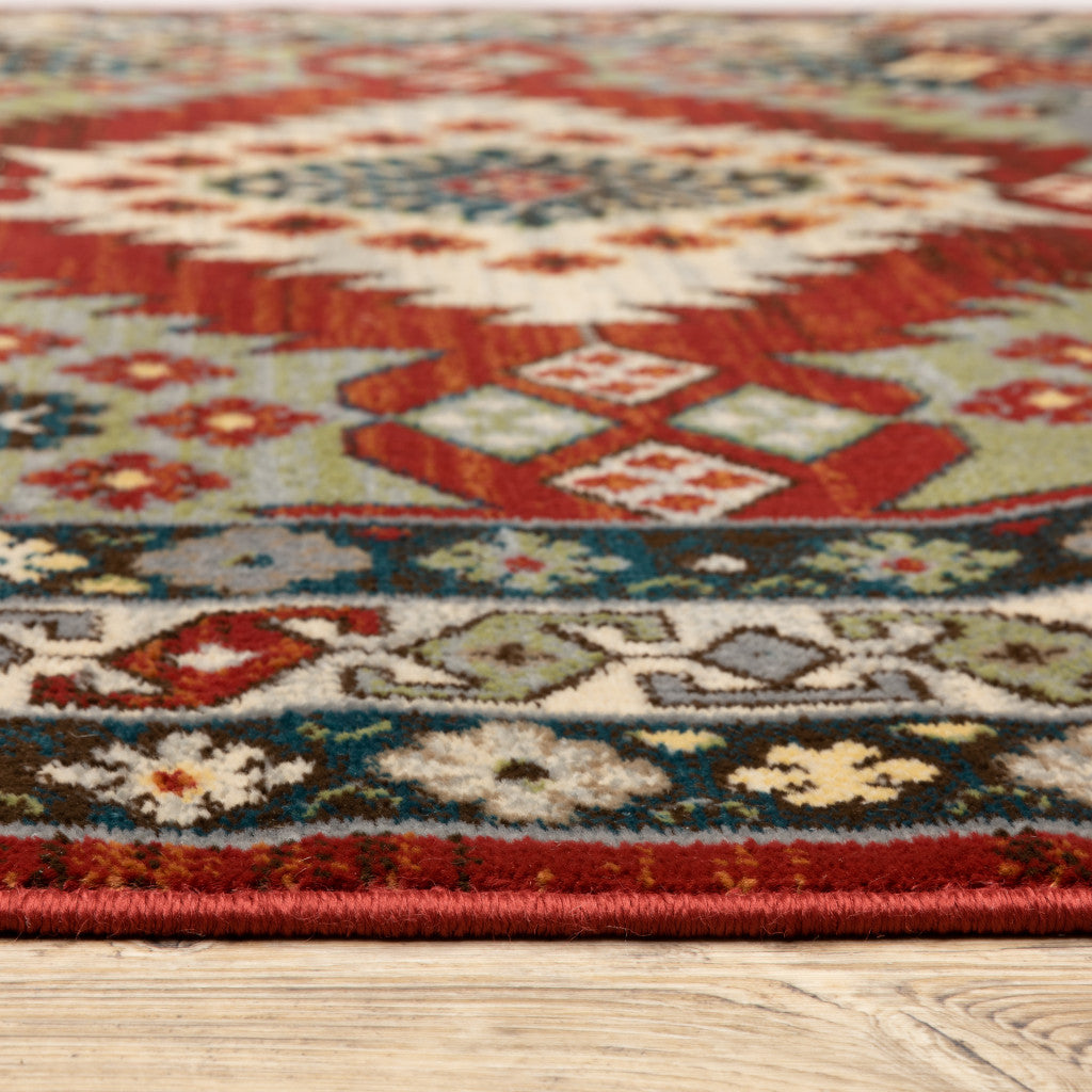 2' X 8' Red Deep Teal Ivory Grey And Green Southwestern Power Loom Stain Resistant Runner Rug