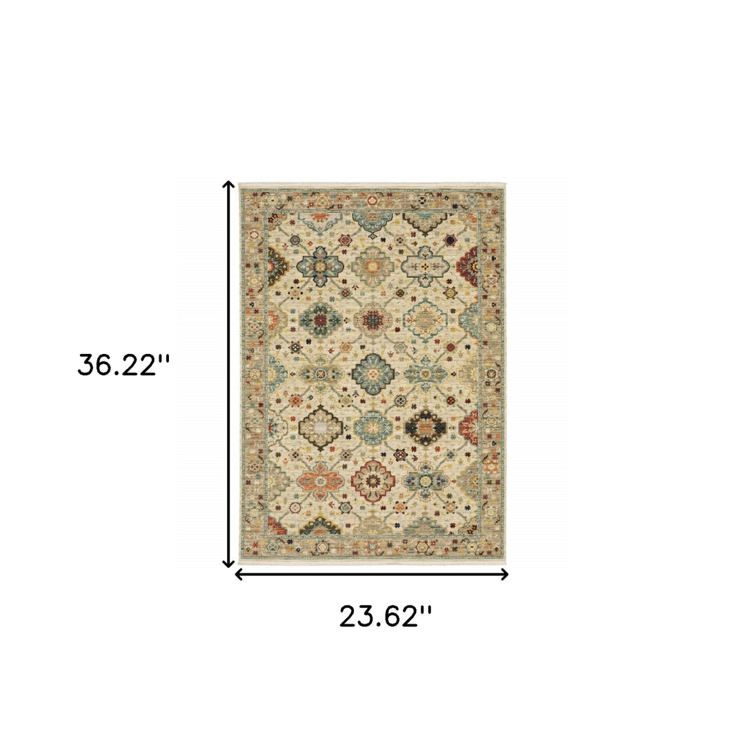 2' X 3' Beige Pale Blue Rust Gold Tan Brown And Orange Oriental Power Loom Stain Resistant Area Rug With Fringe