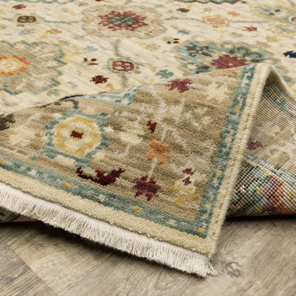 2' X 3' Beige Pale Blue Rust Gold Tan Brown And Orange Oriental Power Loom Stain Resistant Area Rug With Fringe