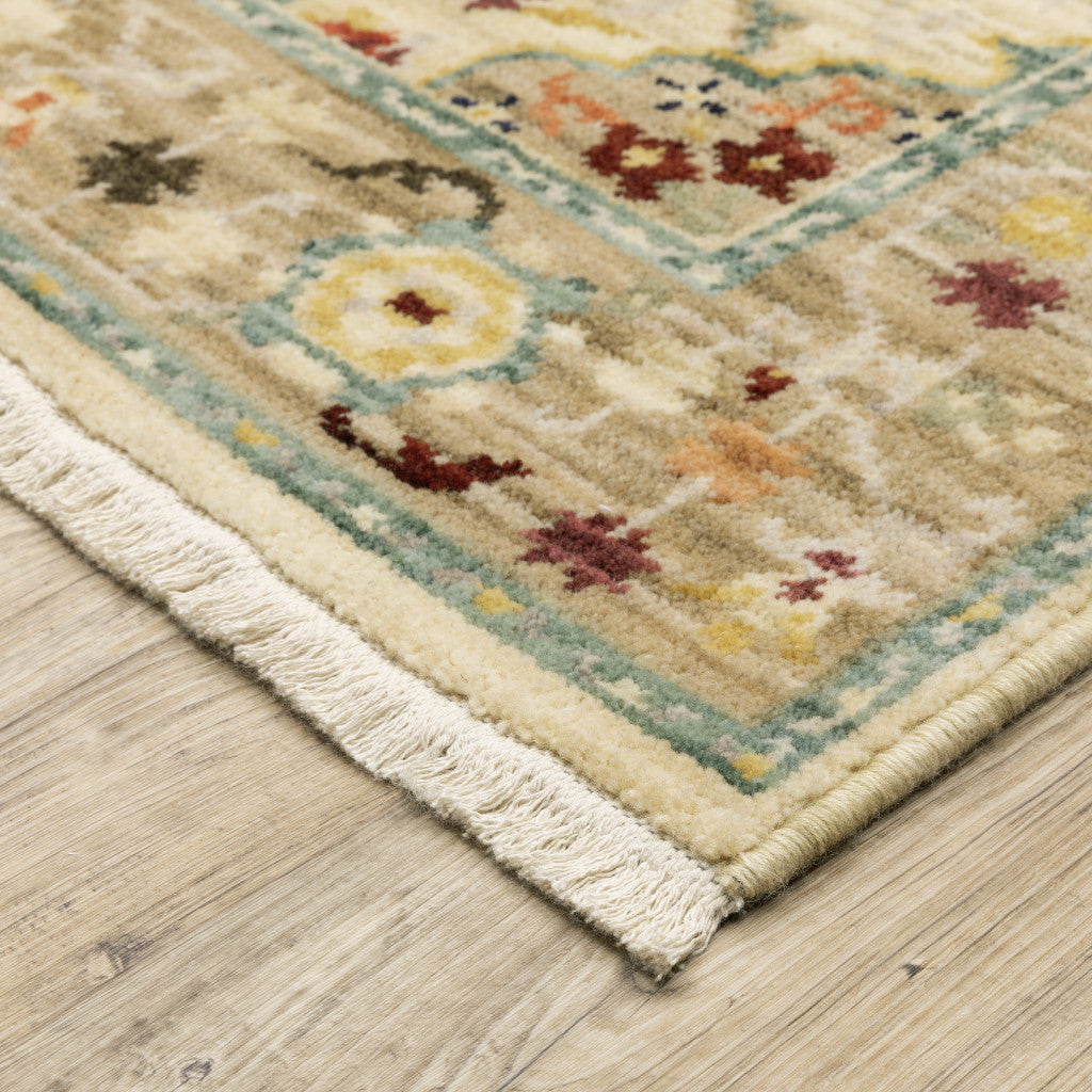 2' X 3' Beige Pale Blue Rust Gold Tan Brown And Orange Oriental Power Loom Stain Resistant Area Rug With Fringe