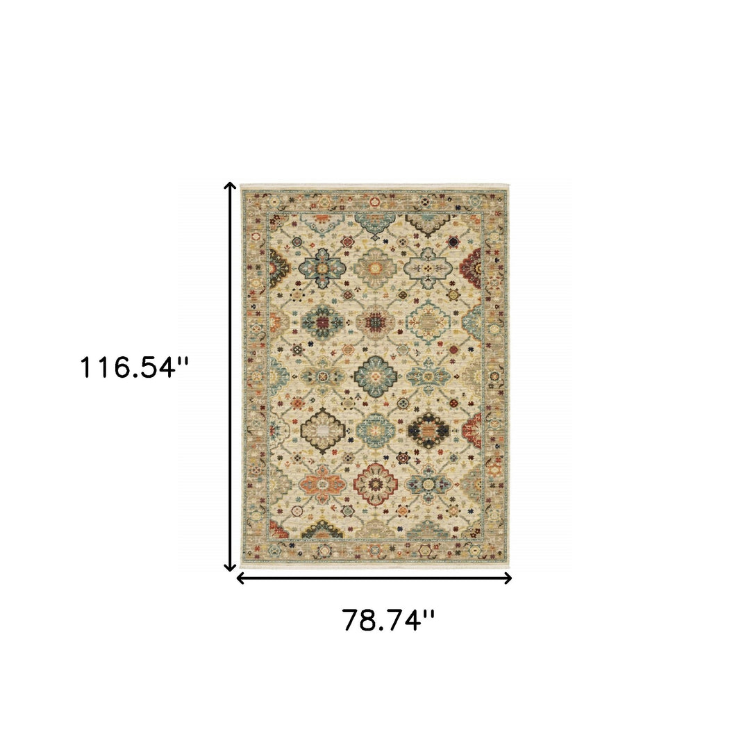 2' X 3' Beige Pale Blue Rust Gold Tan Brown And Orange Oriental Power Loom Stain Resistant Area Rug With Fringe