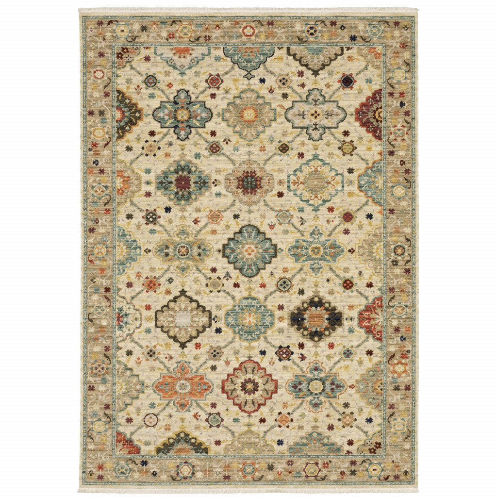 2' X 3' Beige Pale Blue Rust Gold Tan Brown And Orange Oriental Power Loom Stain Resistant Area Rug With Fringe