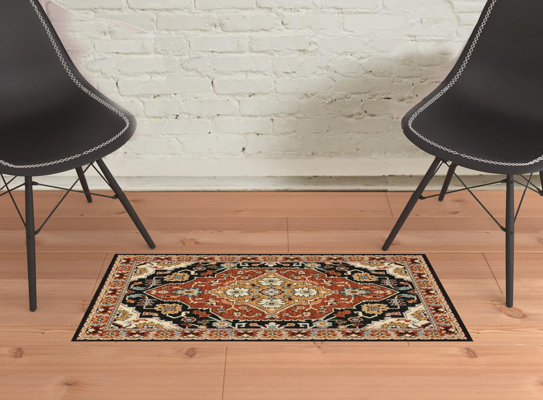 2' X 3' Black and Orange Oriental Power Loom Area Rug