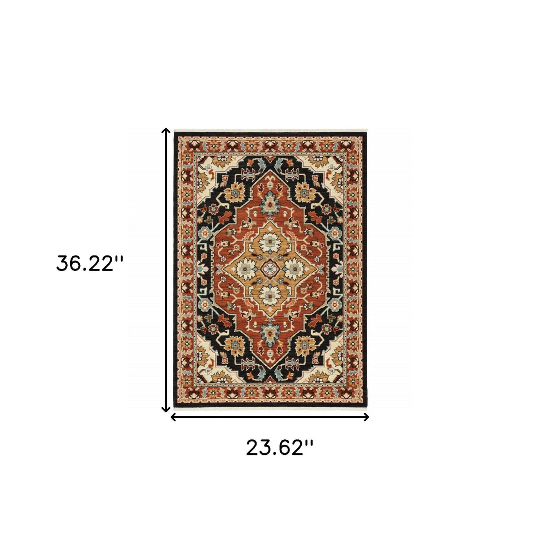 2' X 3' Black and Orange Oriental Power Loom Area Rug