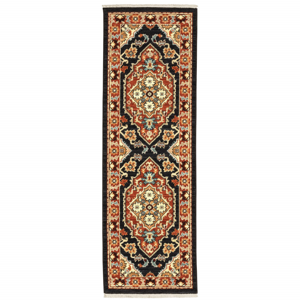 2' X 3' Black and Orange Oriental Power Loom Area Rug