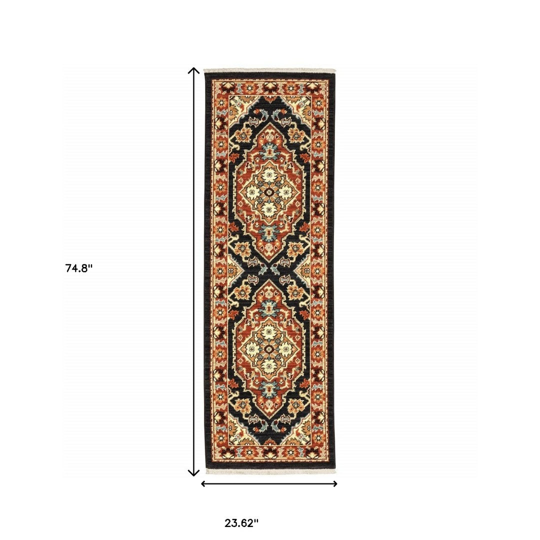 2' X 3' Black and Orange Oriental Power Loom Area Rug