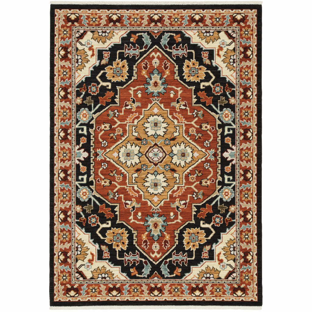 2' X 3' Black and Orange Oriental Power Loom Area Rug