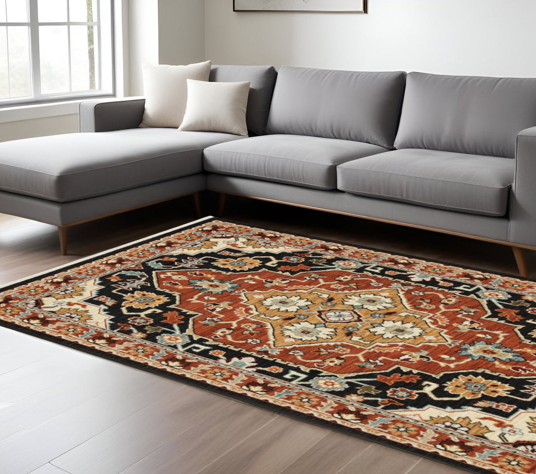 2' X 3' Black and Orange Oriental Power Loom Area Rug