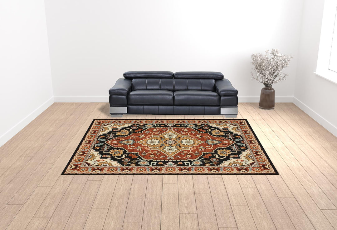 2' X 3' Black and Orange Oriental Power Loom Area Rug