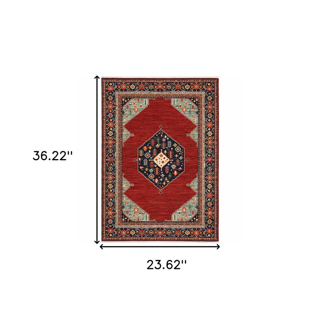 2' X 3' Red Blue Orange And Ivory Oriental Power Loom Stain Resistant Area Rug With Fringe