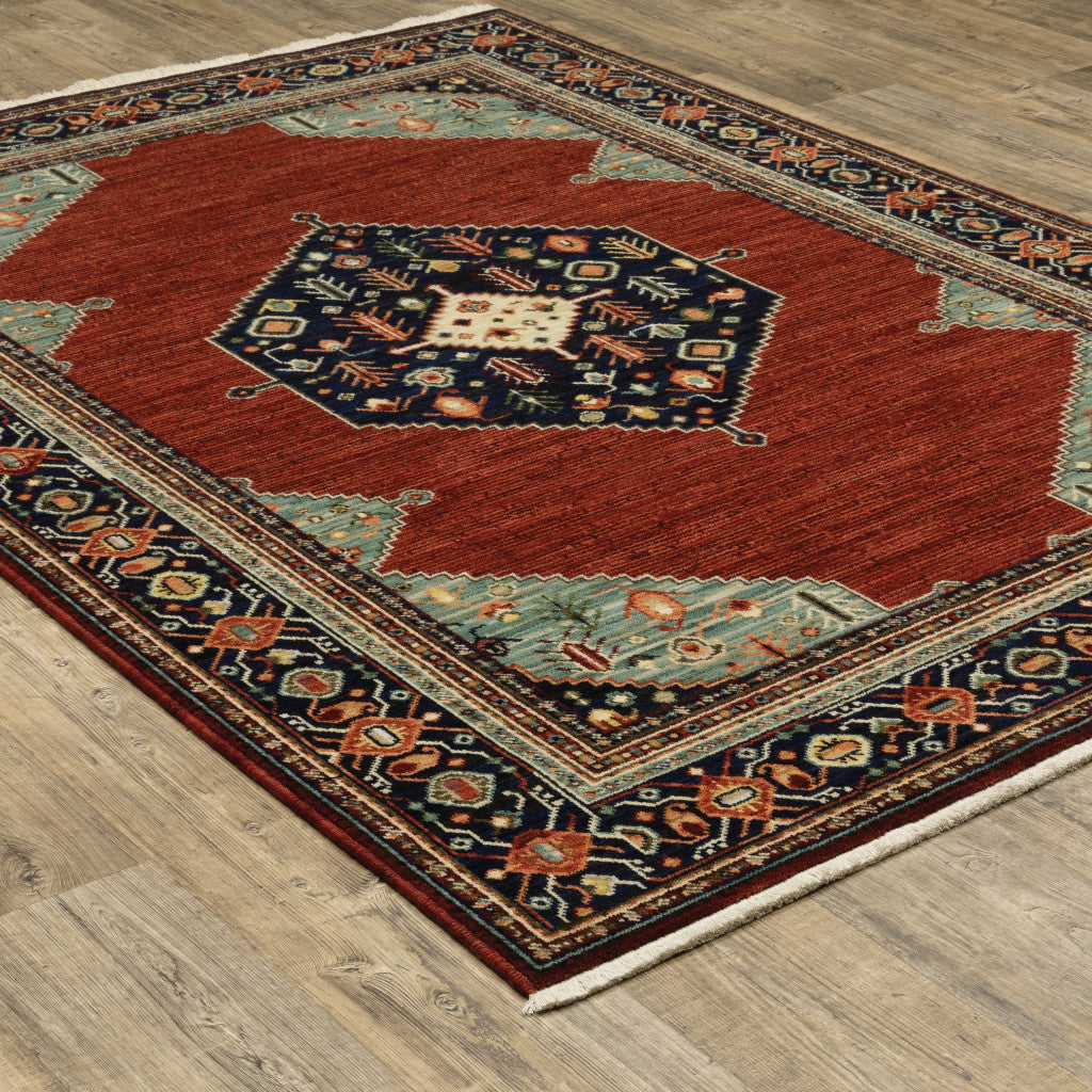 2' X 3' Red Blue Orange And Ivory Oriental Power Loom Stain Resistant Area Rug With Fringe