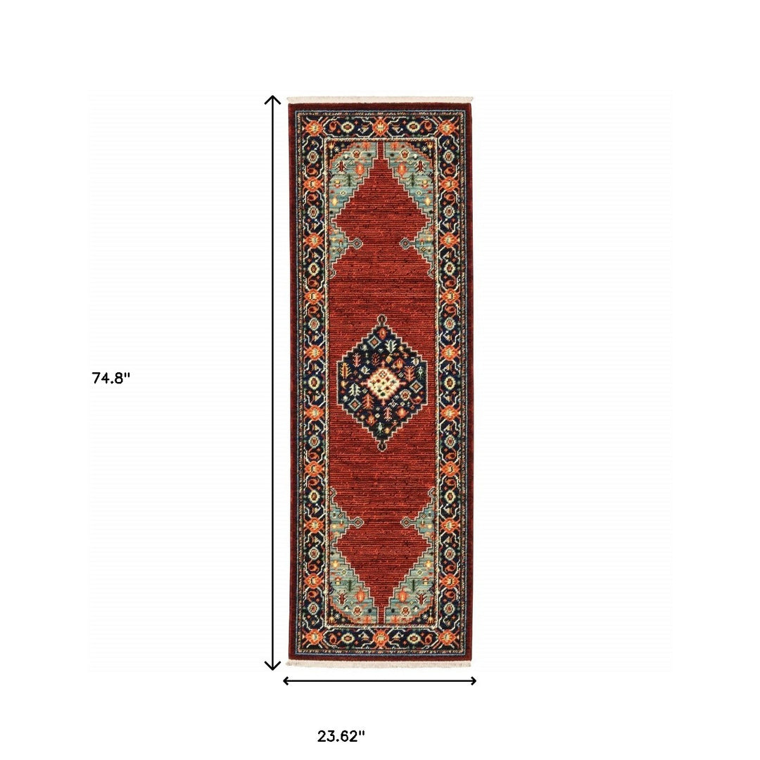 2' X 3' Red Blue Orange And Ivory Oriental Power Loom Stain Resistant Area Rug With Fringe