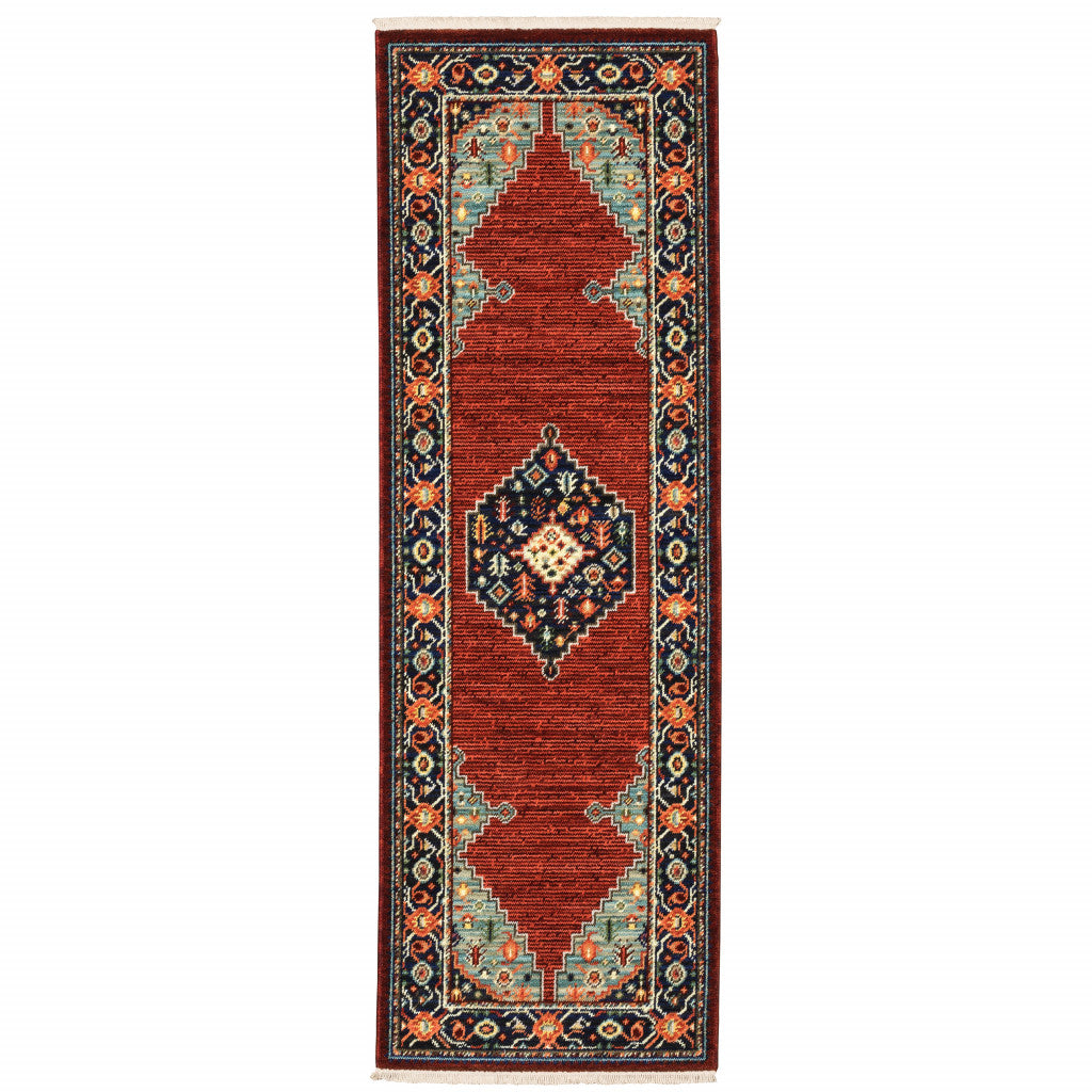 2' X 3' Red Blue Orange And Ivory Oriental Power Loom Stain Resistant Area Rug With Fringe