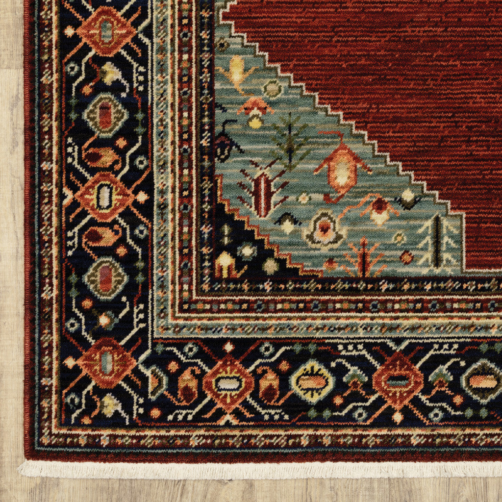 2' X 3' Red Blue Orange And Ivory Oriental Power Loom Stain Resistant Area Rug With Fringe