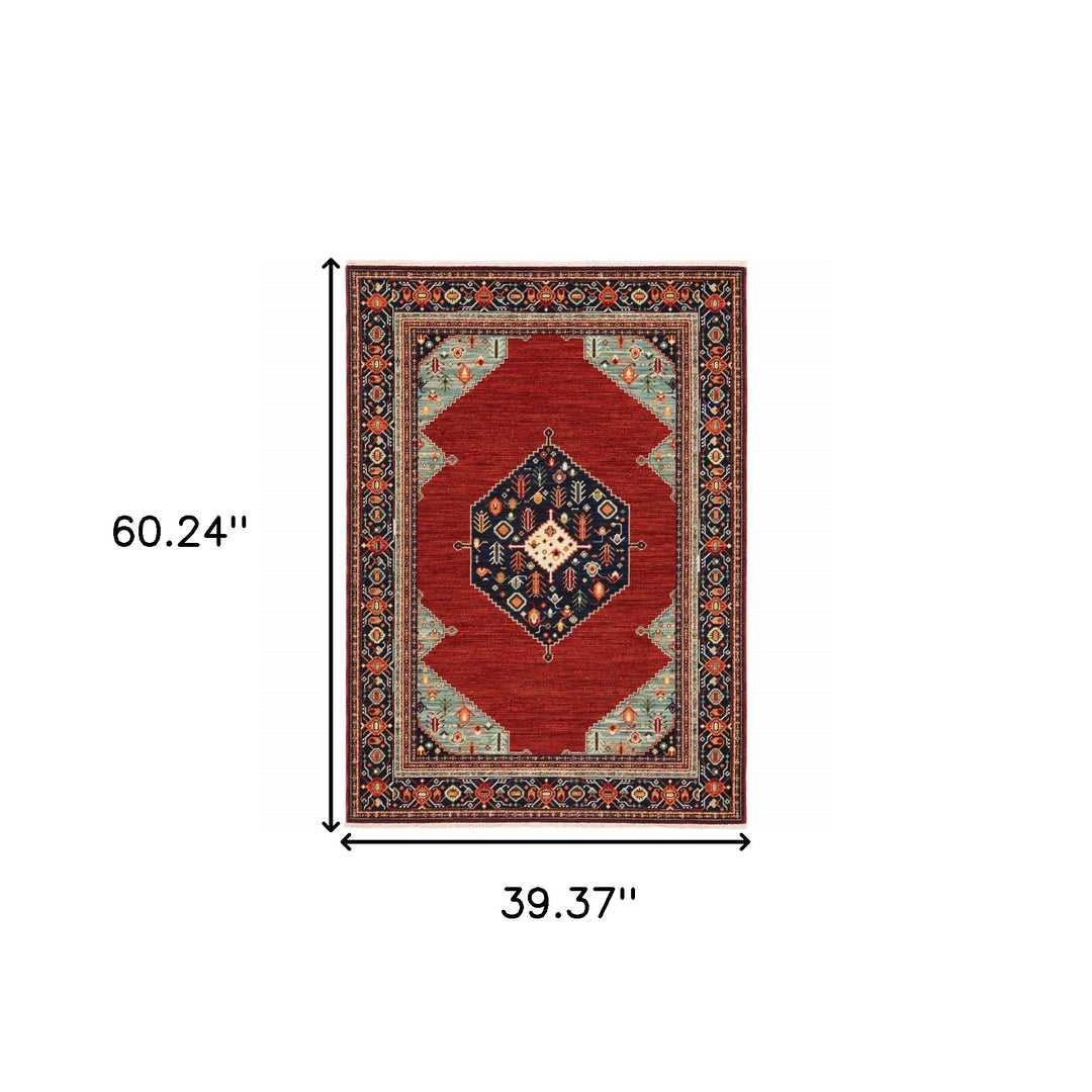 2' X 3' Red Blue Orange And Ivory Oriental Power Loom Stain Resistant Area Rug With Fringe