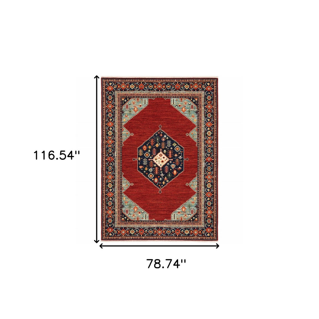 2' X 3' Red Blue Orange And Ivory Oriental Power Loom Stain Resistant Area Rug With Fringe