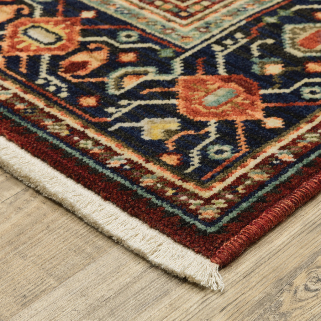 2' X 3' Red Blue Orange And Ivory Oriental Power Loom Stain Resistant Area Rug With Fringe