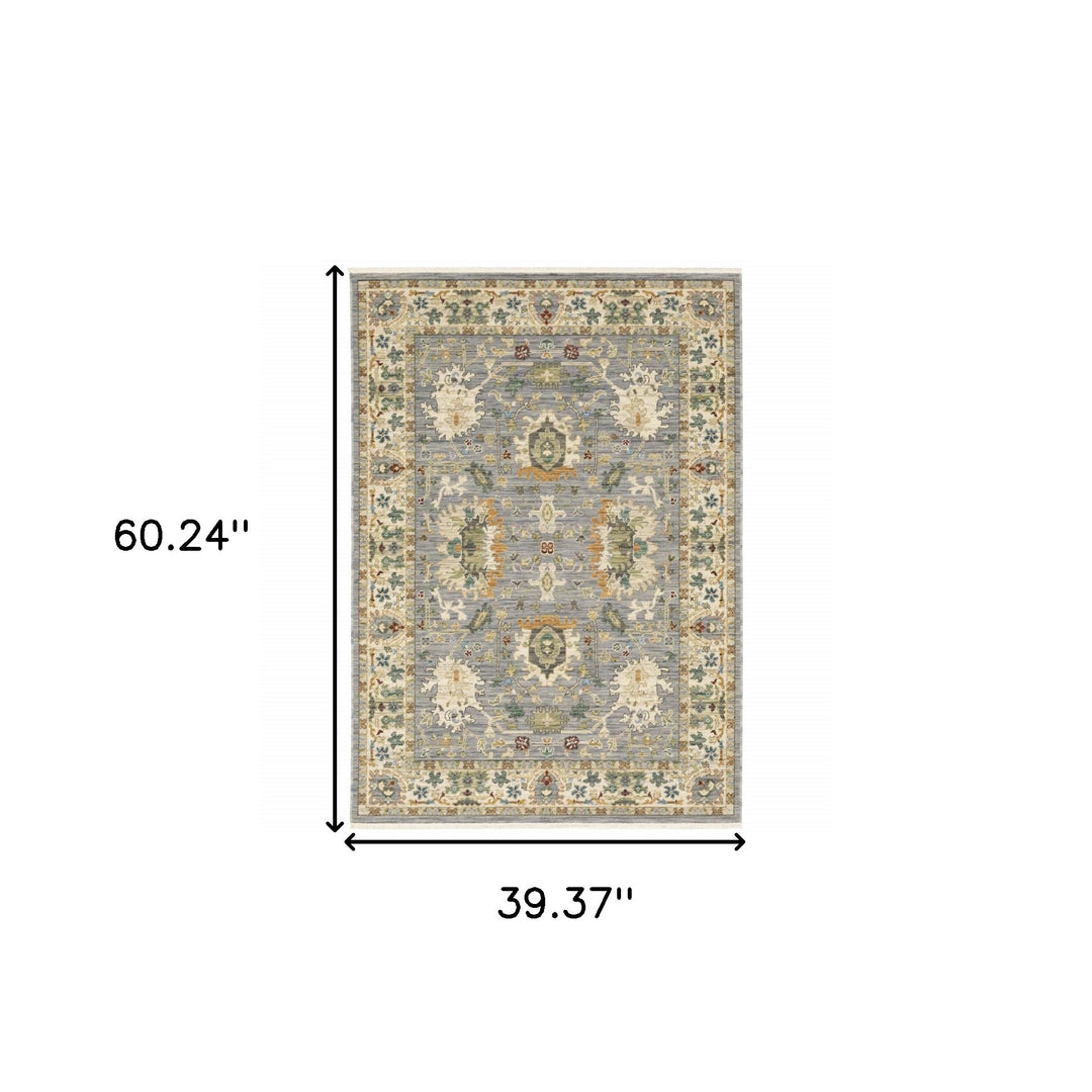 2' X 3' Grey Ivory Orange Teal Green Charcoal Blue And Red Oriental Power Loom Stain Resistant Area Rug With Fringe