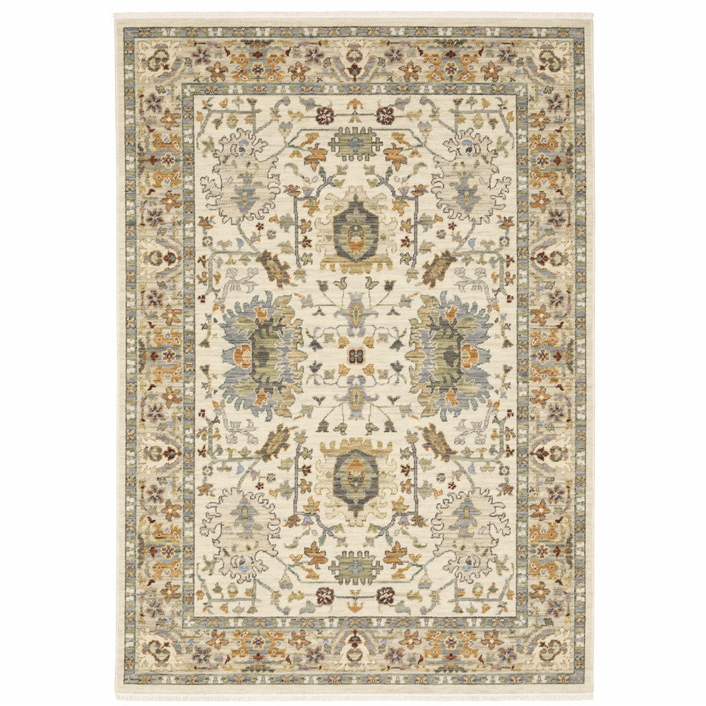 2' X 3' Grey Ivory Orange Teal Green Charcoal Blue And Red Oriental Power Loom Stain Resistant Area Rug With Fringe