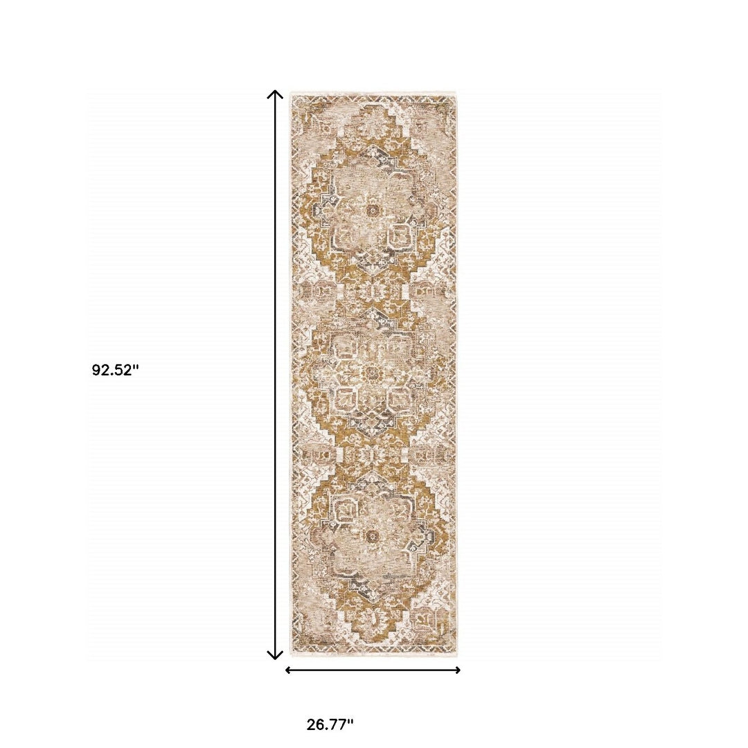 2' X 8' Gold And Ivory Oriental Power Loom Stain Resistant Runner Rug With Fringe