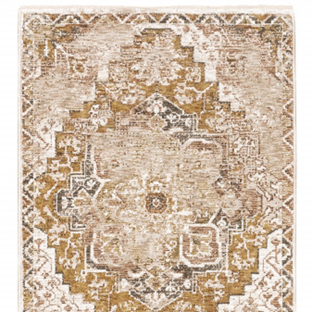 2' X 8' Gold And Ivory Oriental Power Loom Stain Resistant Runner Rug With Fringe