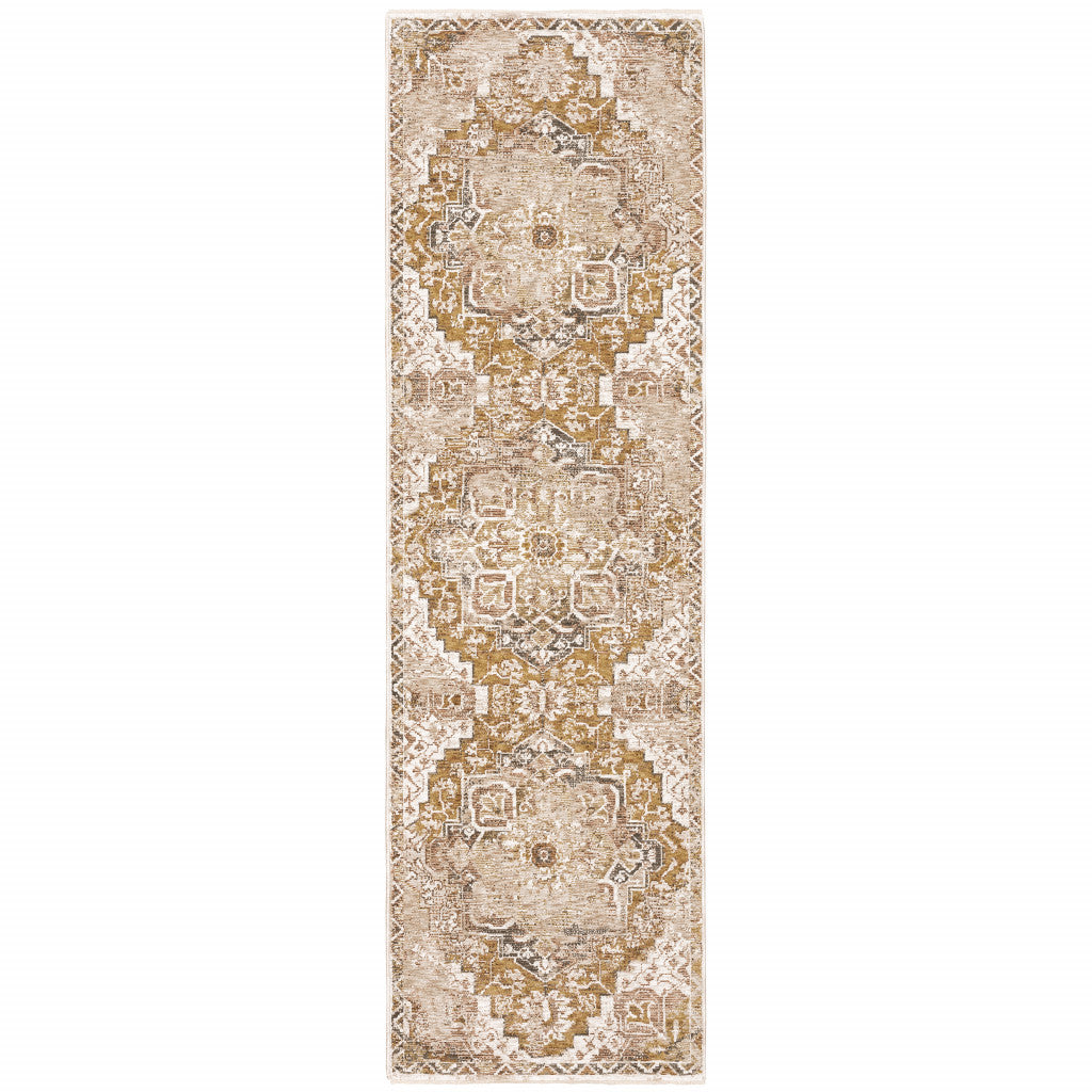 2' X 8' Gold And Ivory Oriental Power Loom Stain Resistant Runner Rug With Fringe