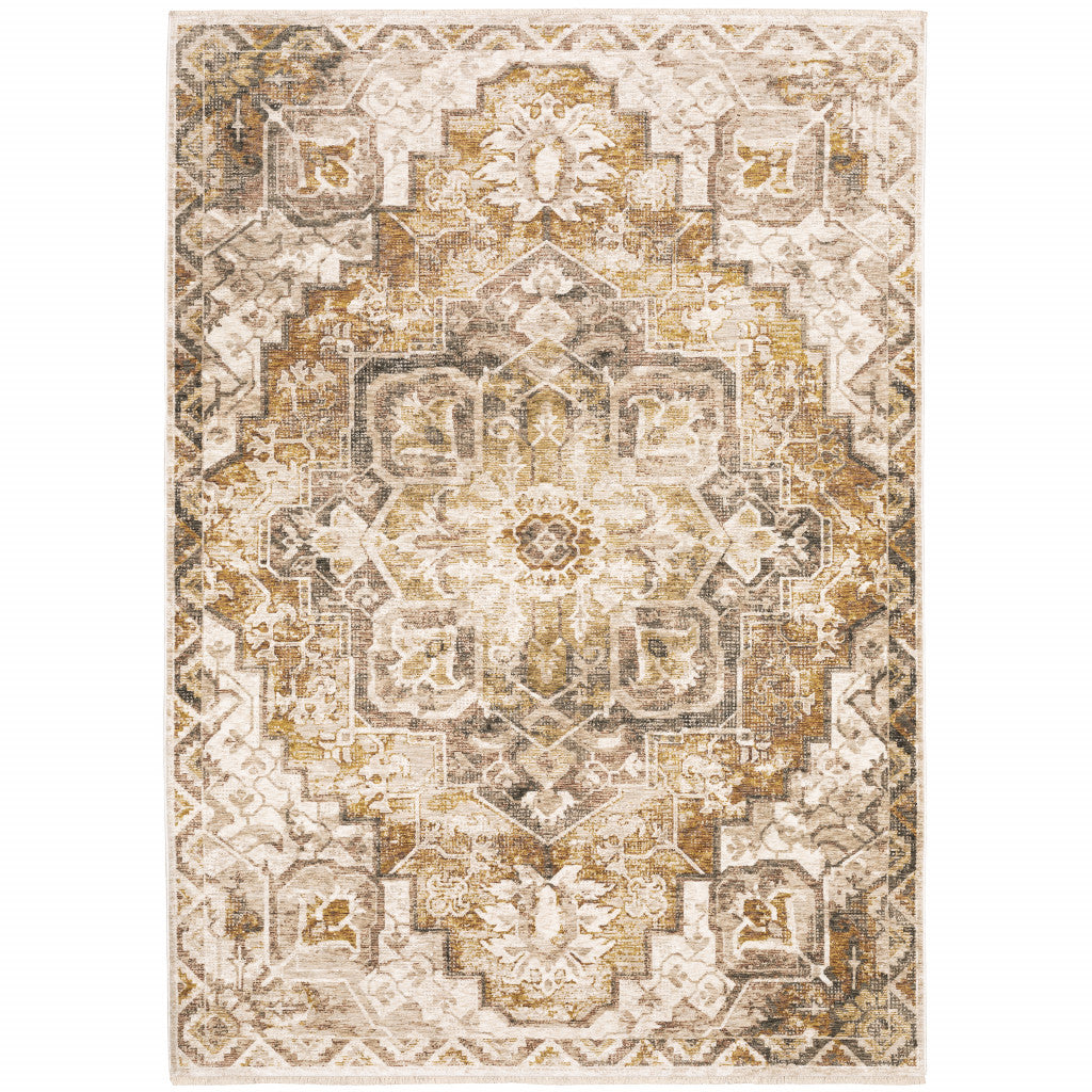 2' X 8' Gold And Ivory Oriental Power Loom Stain Resistant Runner Rug With Fringe