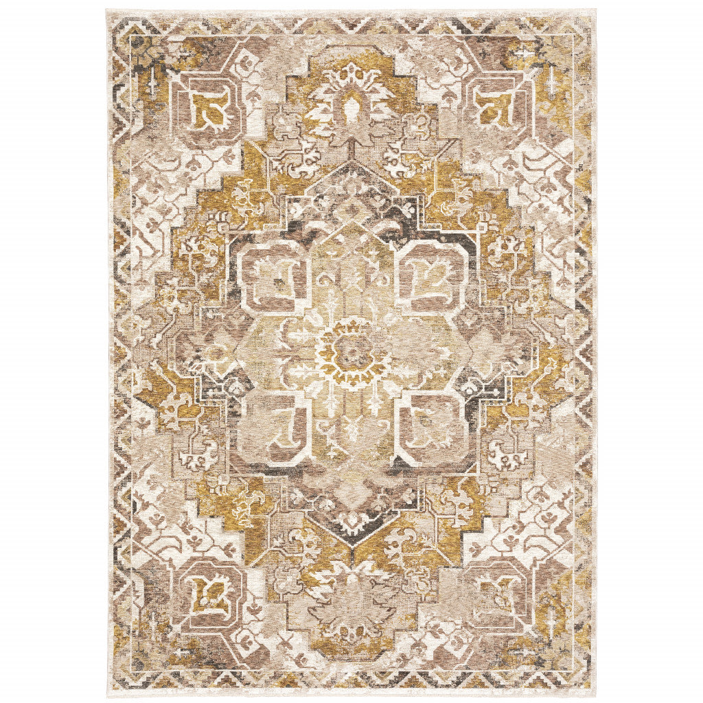 2' X 8' Gold And Ivory Oriental Power Loom Stain Resistant Runner Rug With Fringe