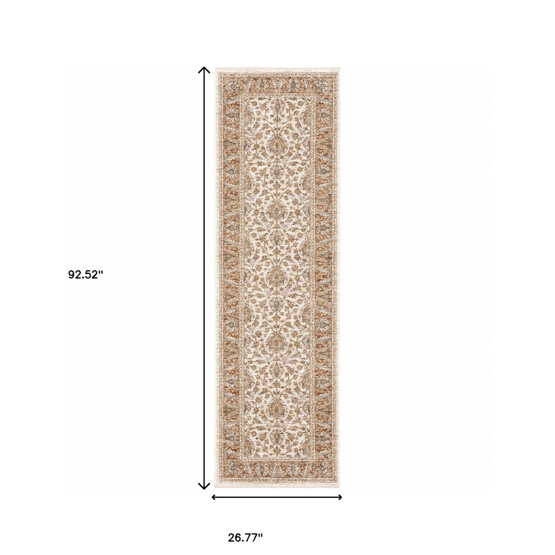 2' X 8' Rust And Ivory Oriental Power Loom Stain Resistant Runner Rug With Fringe