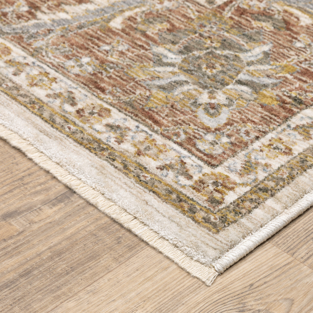 2' X 8' Rust And Ivory Oriental Power Loom Stain Resistant Runner Rug With Fringe