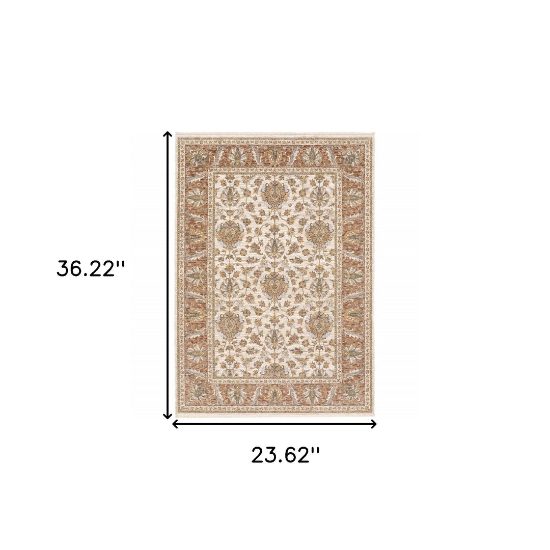 2' X 8' Rust And Ivory Oriental Power Loom Stain Resistant Runner Rug With Fringe