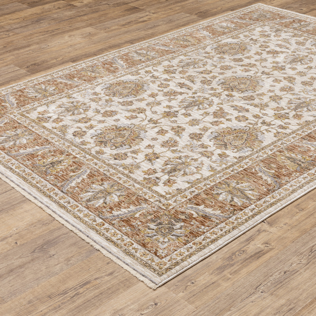 2' X 8' Rust And Ivory Oriental Power Loom Stain Resistant Runner Rug With Fringe