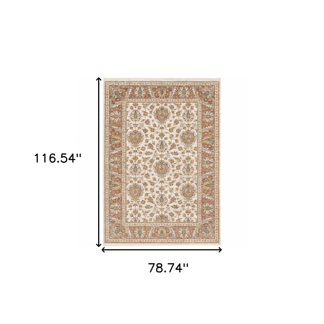 2' X 8' Rust And Ivory Oriental Power Loom Stain Resistant Runner Rug With Fringe