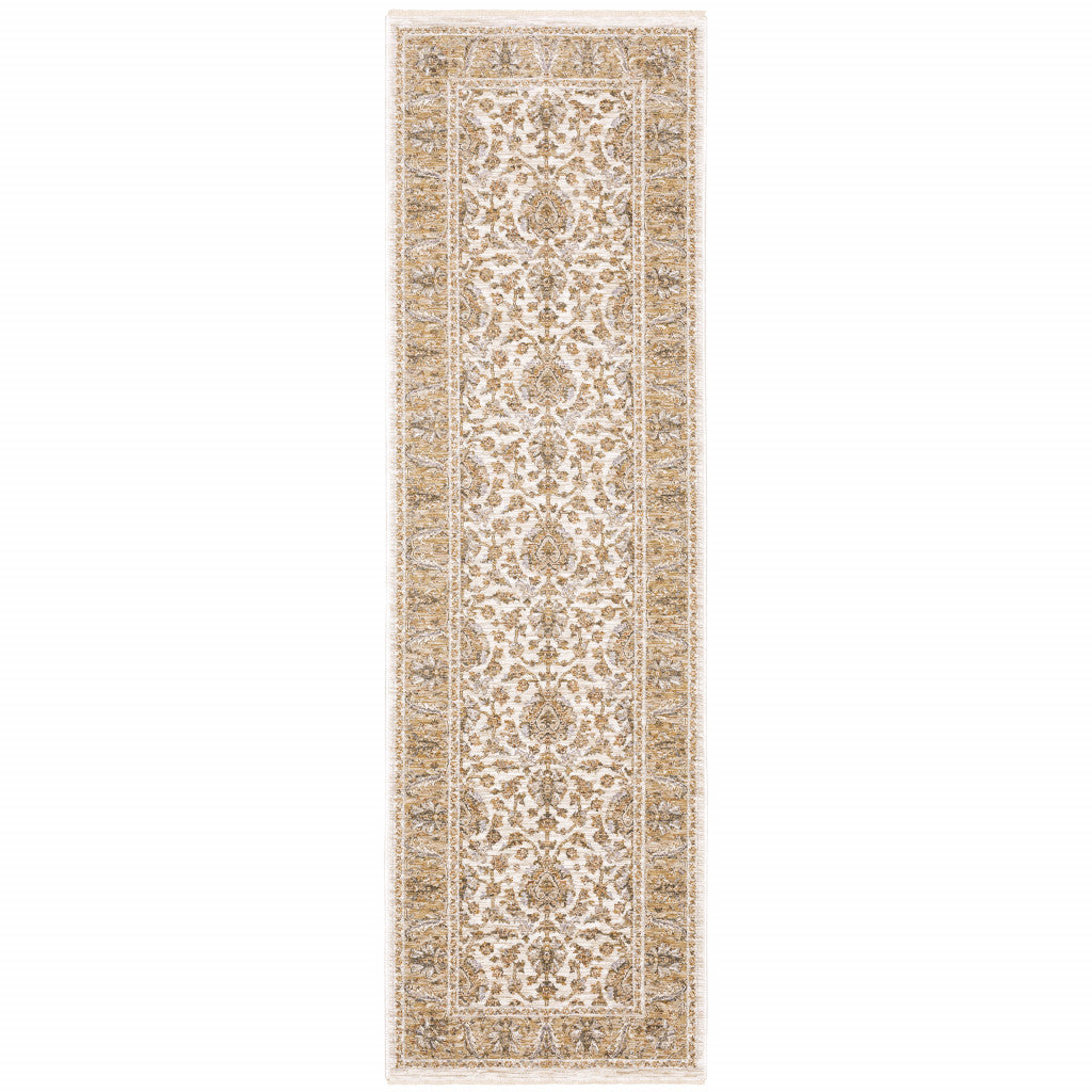 2' X 8' Rust And Ivory Oriental Power Loom Stain Resistant Runner Rug With Fringe