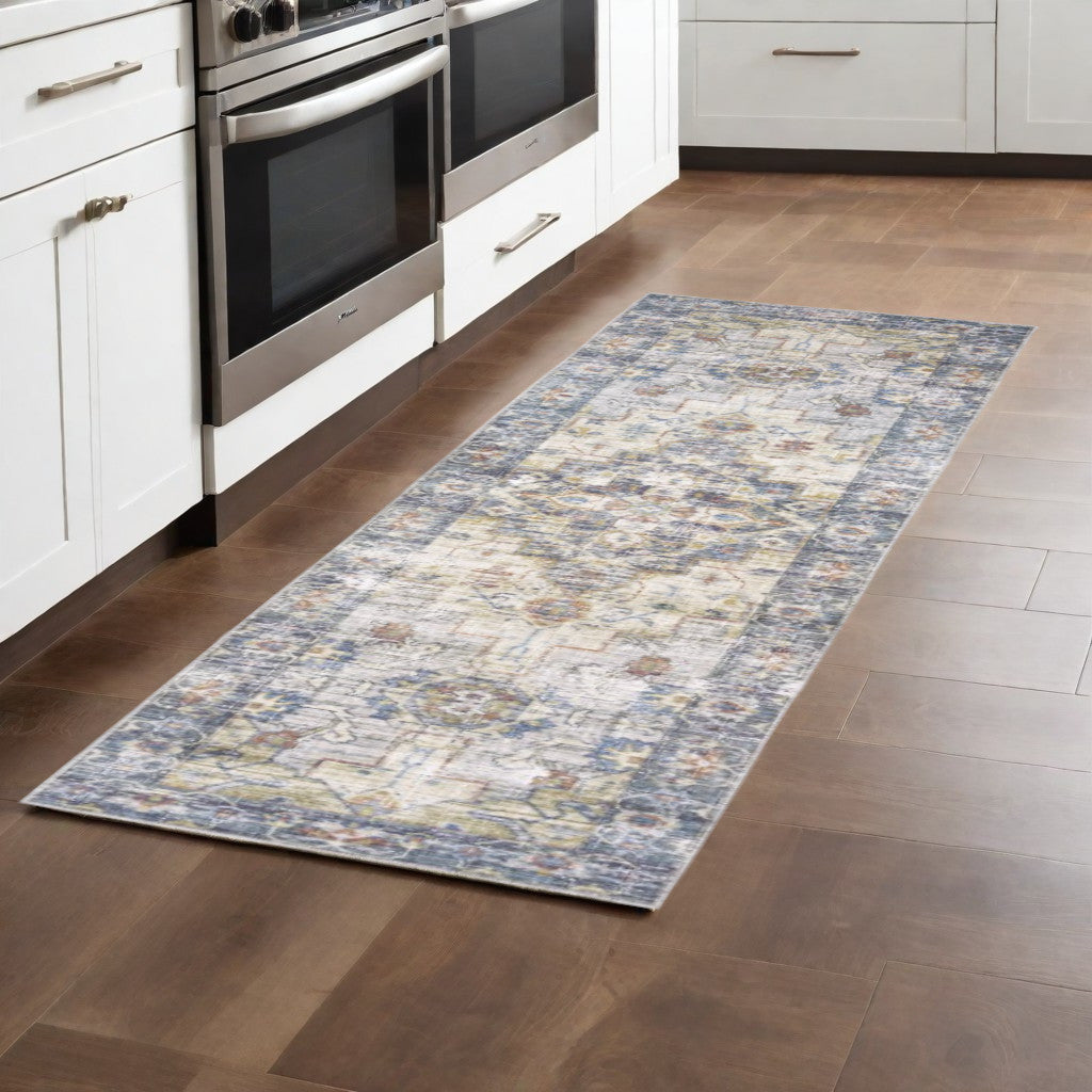 8' Blue and Ivory Oriental Power Loom Runner Rug