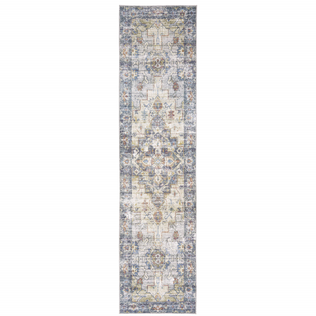 8' Blue and Ivory Oriental Power Loom Runner Rug