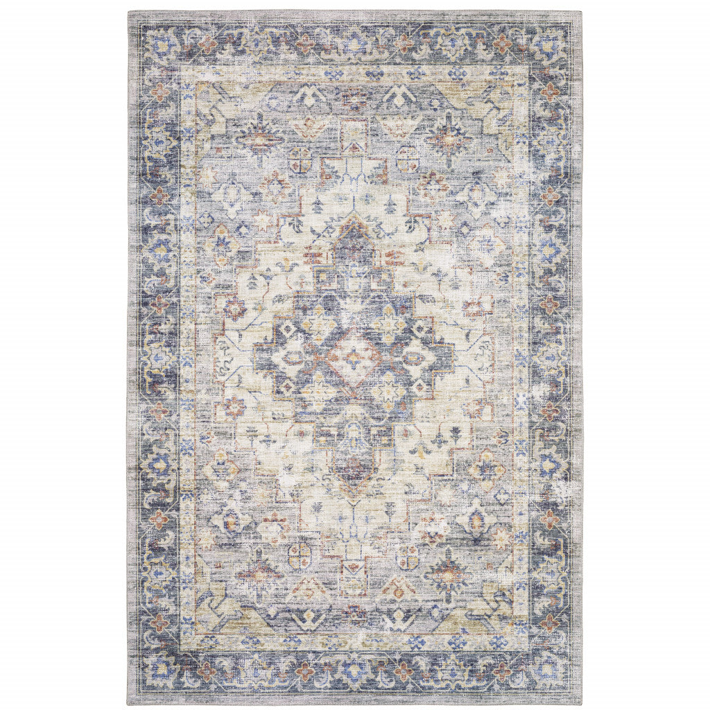 8' Blue and Ivory Oriental Power Loom Runner Rug