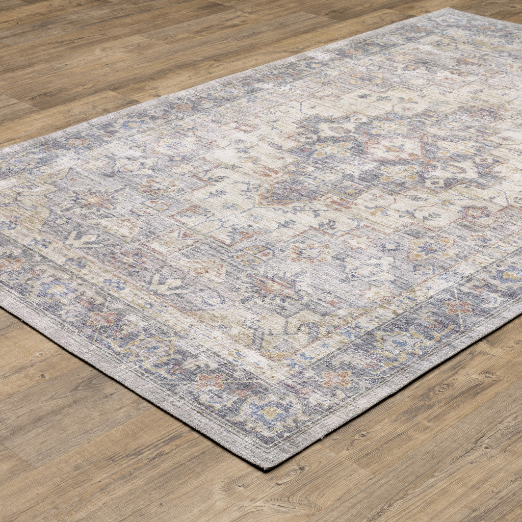 8' Blue and Ivory Oriental Power Loom Runner Rug