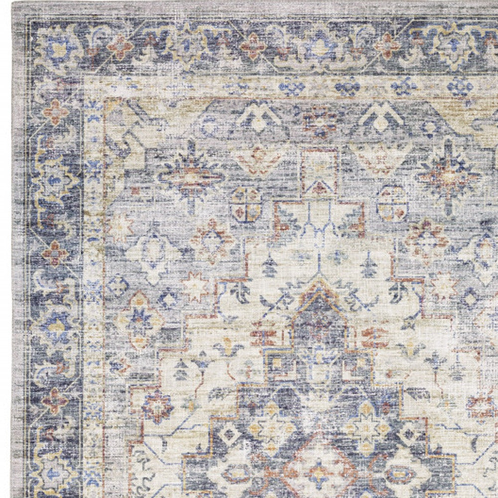 8' Blue and Ivory Oriental Power Loom Runner Rug