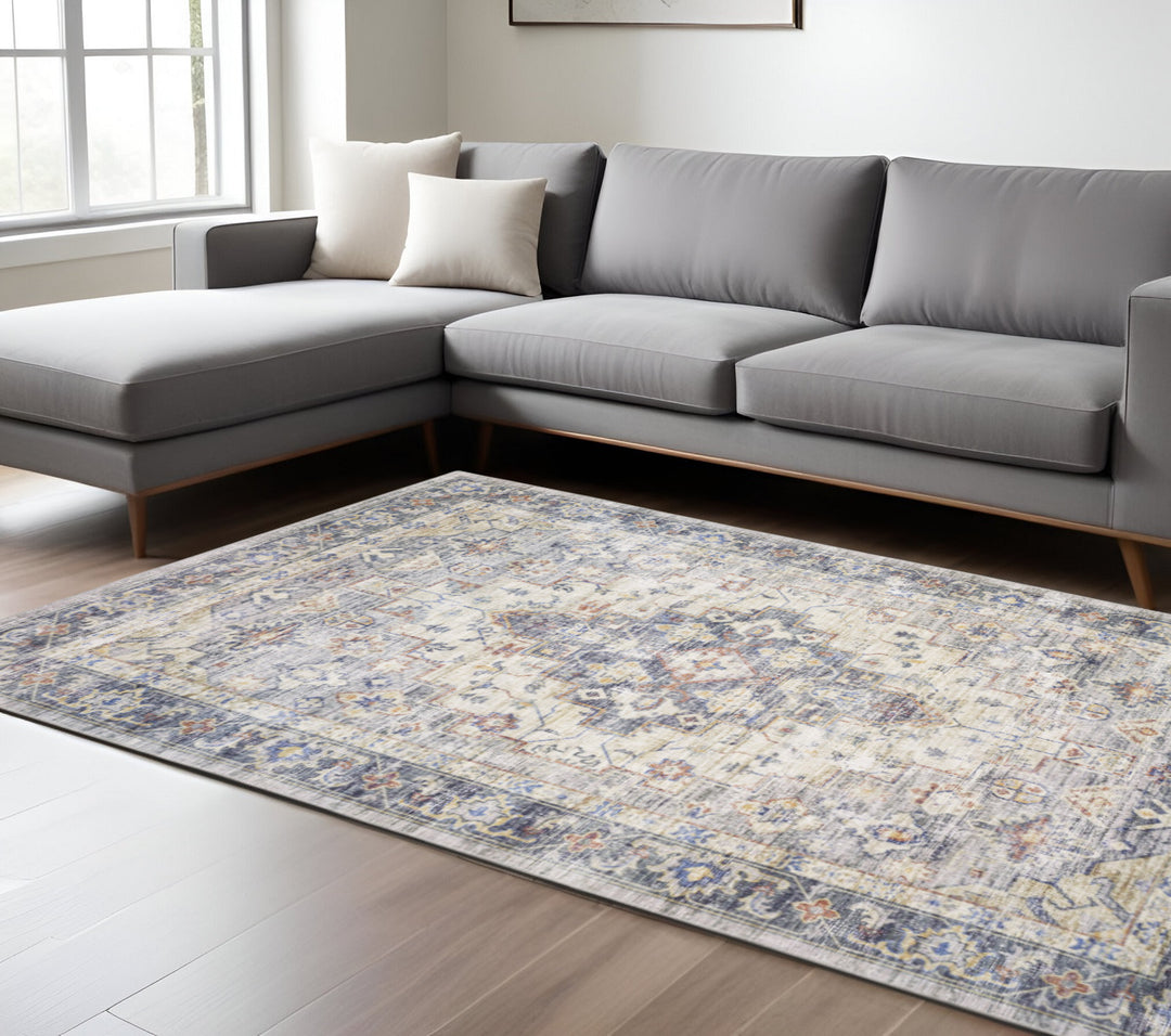 8' Blue and Ivory Oriental Power Loom Runner Rug