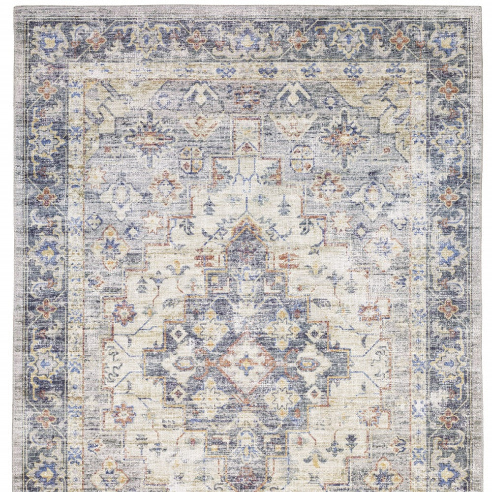 8' Blue and Ivory Oriental Power Loom Runner Rug